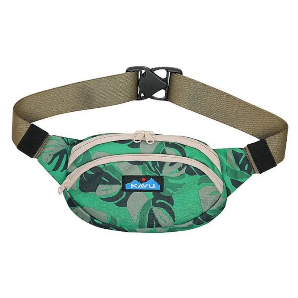 Kavu Green Leaf Print Waist Pack with Tan Strap